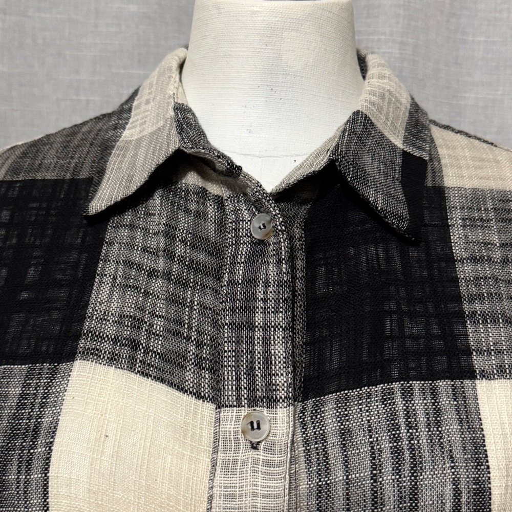 la miel 100% Cotton Shirt-Sz M-Relaxed-Button Up-Plaid-Raw Edge Trim-Lightweight - Picture 2 of 16